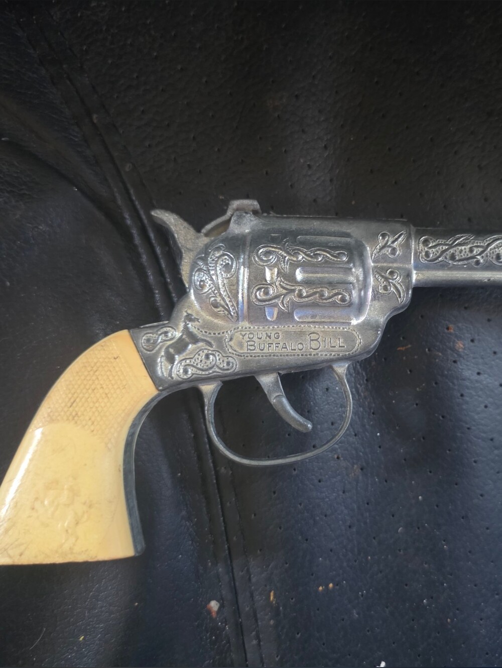 vintage Hubley toy cap gun, likely from the 1960s, branded as "Young Buffalo Bil